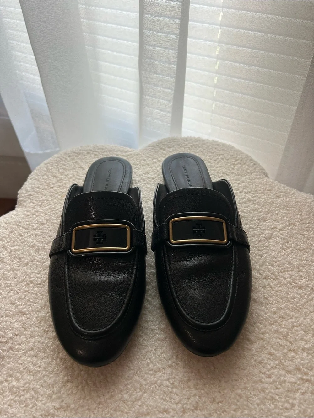 Tory Burch Black Leather Slip-On Mule with Gold Buckle